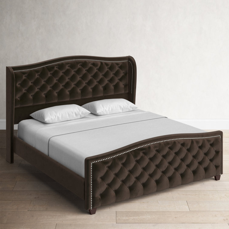 Arctic Blue Velvet Upholstered King Bed with Nailhead Trim