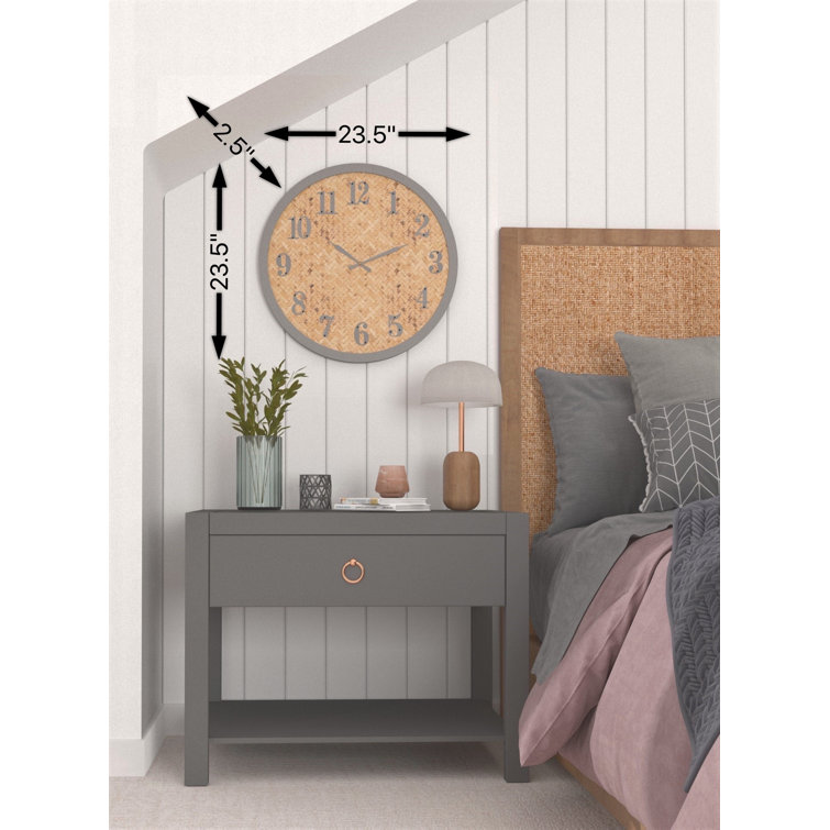 Gray and Natural Solid Wood Round Wall Clock with Glass Face