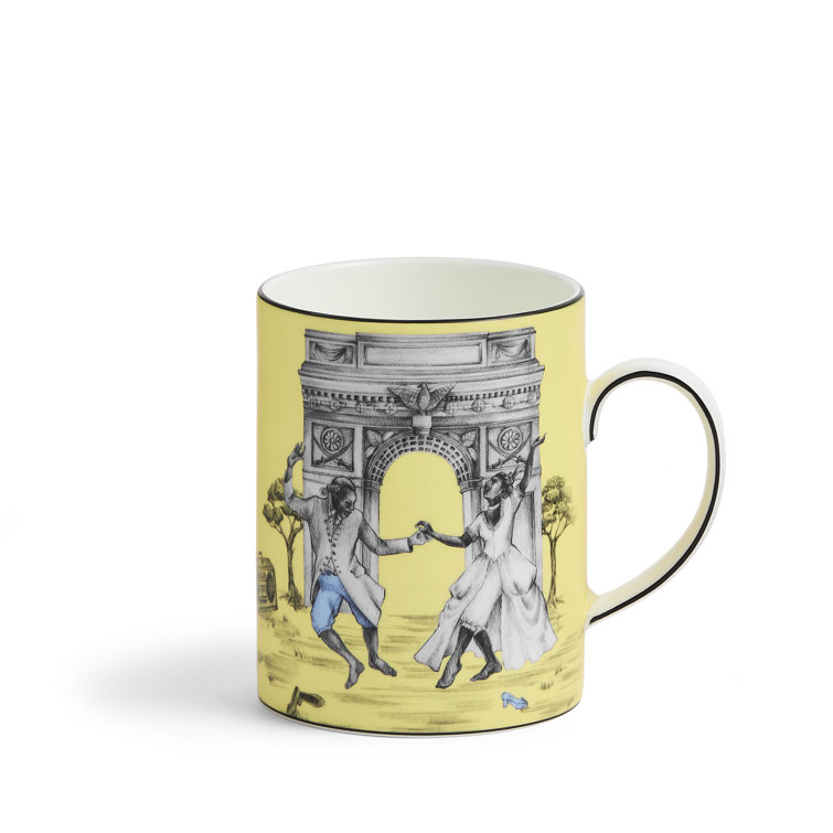 Yellow Ceramic Mug with Dancing Figures Design