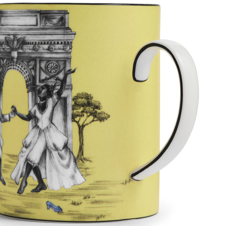 Yellow Ceramic Mug with Dancing Figures Design