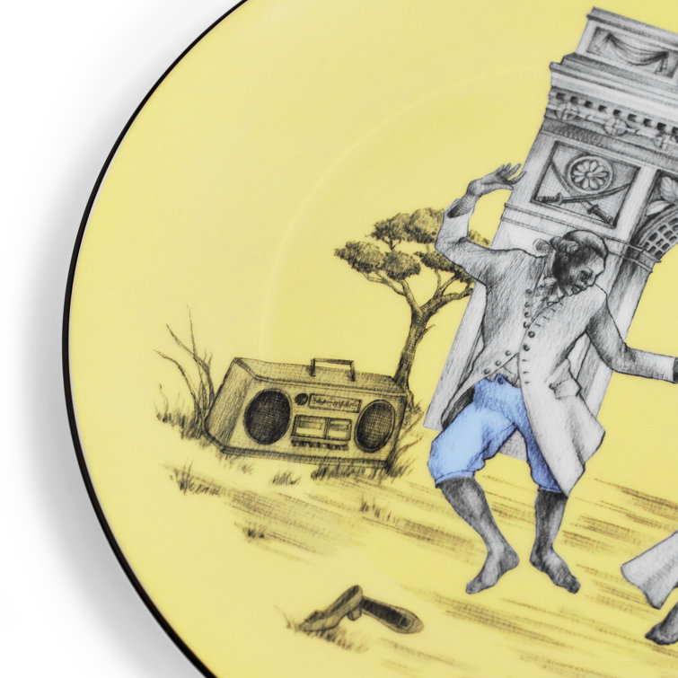 Yellow Round Fine Bone China Salad Plate with Dancing Design