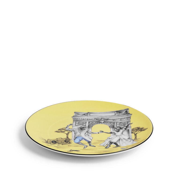Yellow Round Fine Bone China Salad Plate with Dancing Design