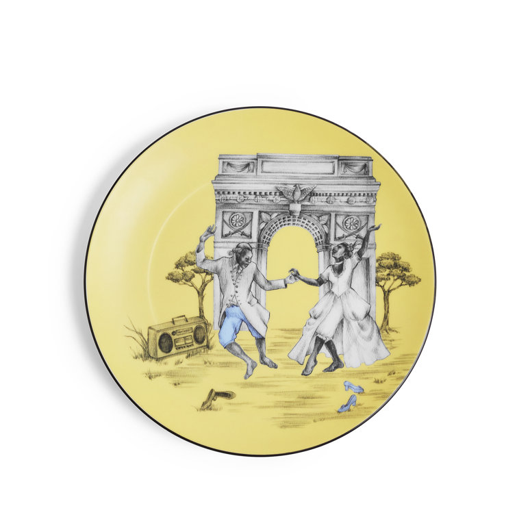 Yellow Round Fine Bone China Salad Plate with Dancing Design