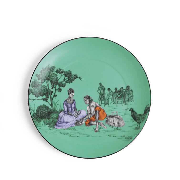 Sheila Bridges Green Porcelain Salad Plate with Harlem Toile Design