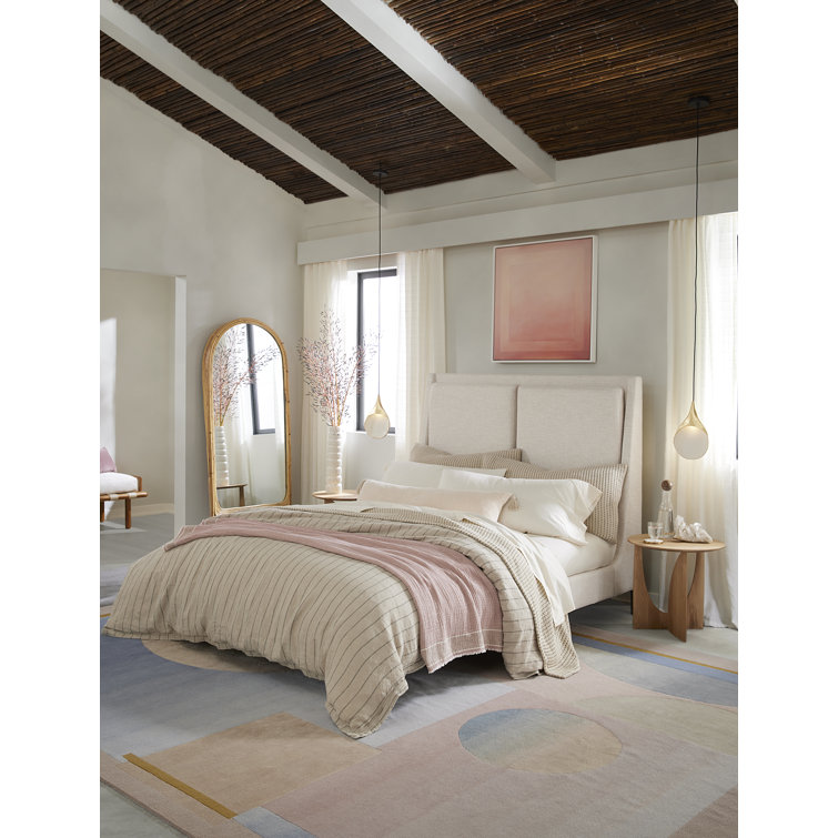 Dover Crescent Queen Bed with Distressed Natural Linen Upholstery