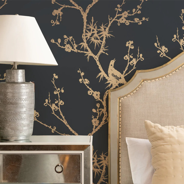 Black and Gold Chinoiserie Bird Peel and Stick Wallpaper