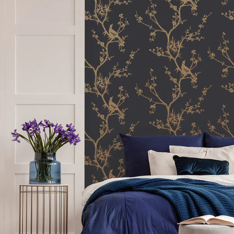 Black and Gold Chinoiserie Bird Peel and Stick Wallpaper