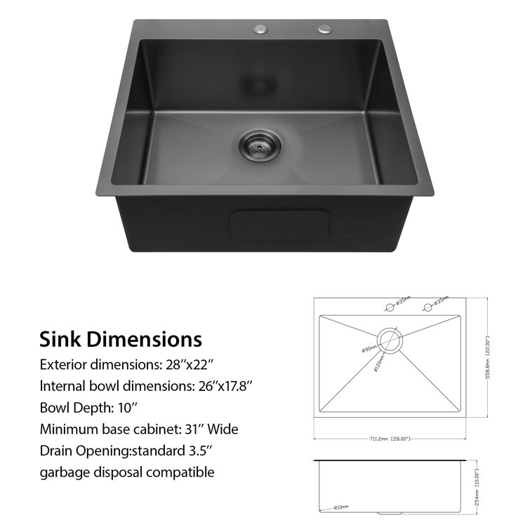 28" Gunmetal Black Stainless Steel Single Bowl Drop-In Kitchen Sink