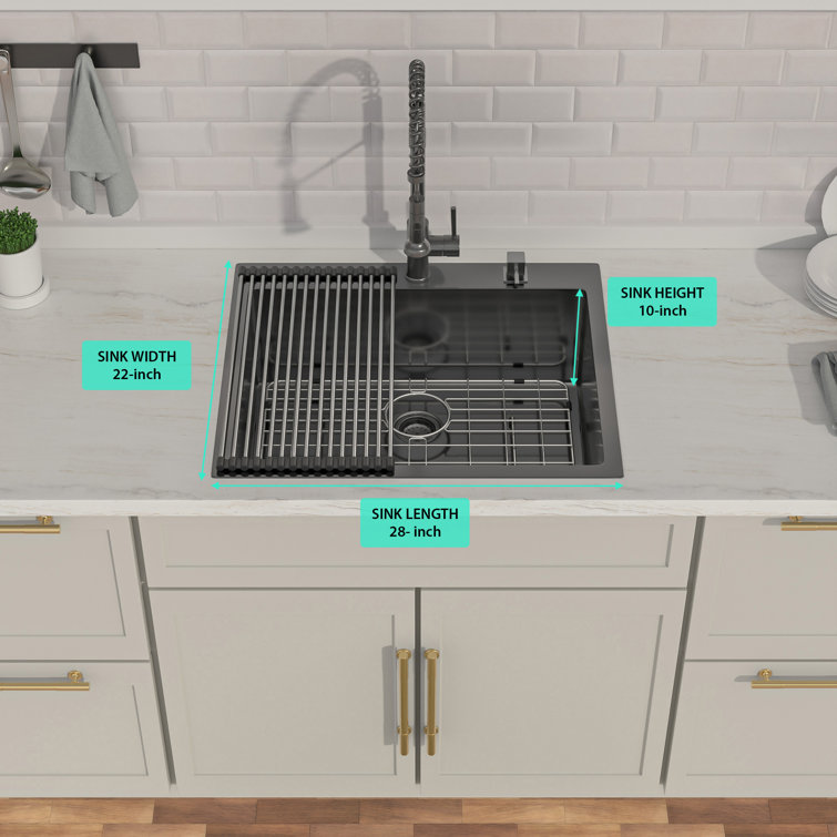 28" Gunmetal Black Stainless Steel Single Bowl Drop-In Kitchen Sink