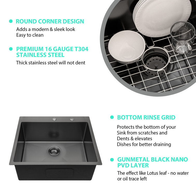 28" Gunmetal Black Stainless Steel Single Bowl Drop-In Kitchen Sink