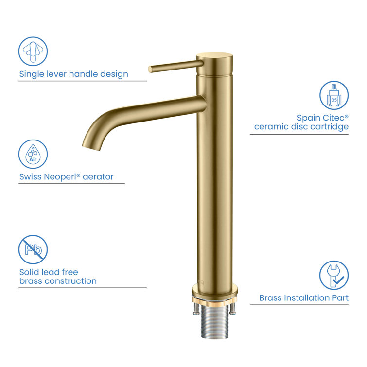 Elegant Brushed Gold Solid Brass Vessel Bathroom Faucet with Single Lever