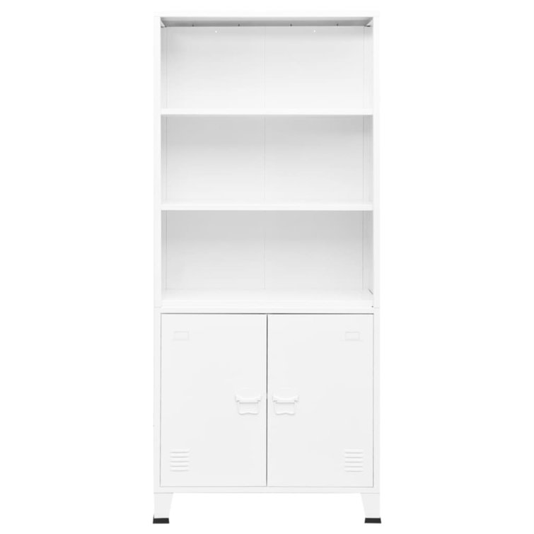 White Steel 3-Shelf Bookcase with Cabinet