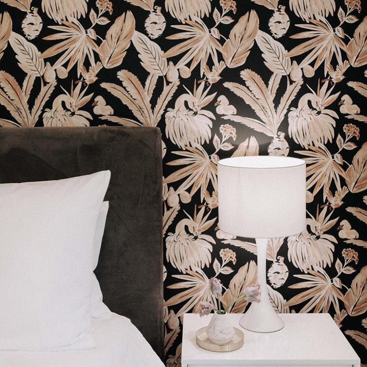 Black and Beige Tropical Flamingo Peel and Stick Wallpaper Roll