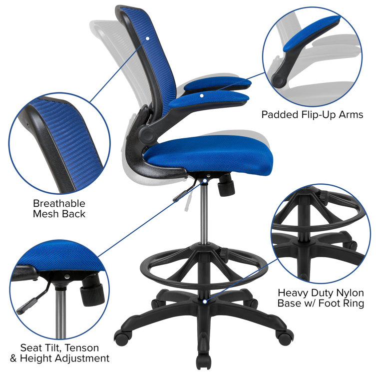 ErgoFlex Mesh Mid-Back Drafting Chair with Adjustable Arms in Blue