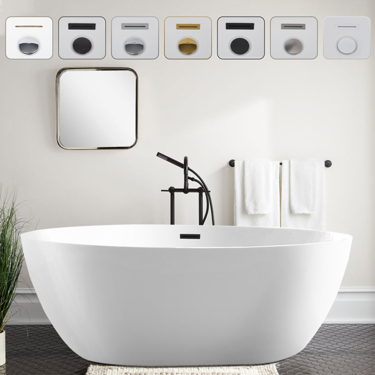 White Acrylic Freestanding Soaking Bathtub with Matte Black Overflow