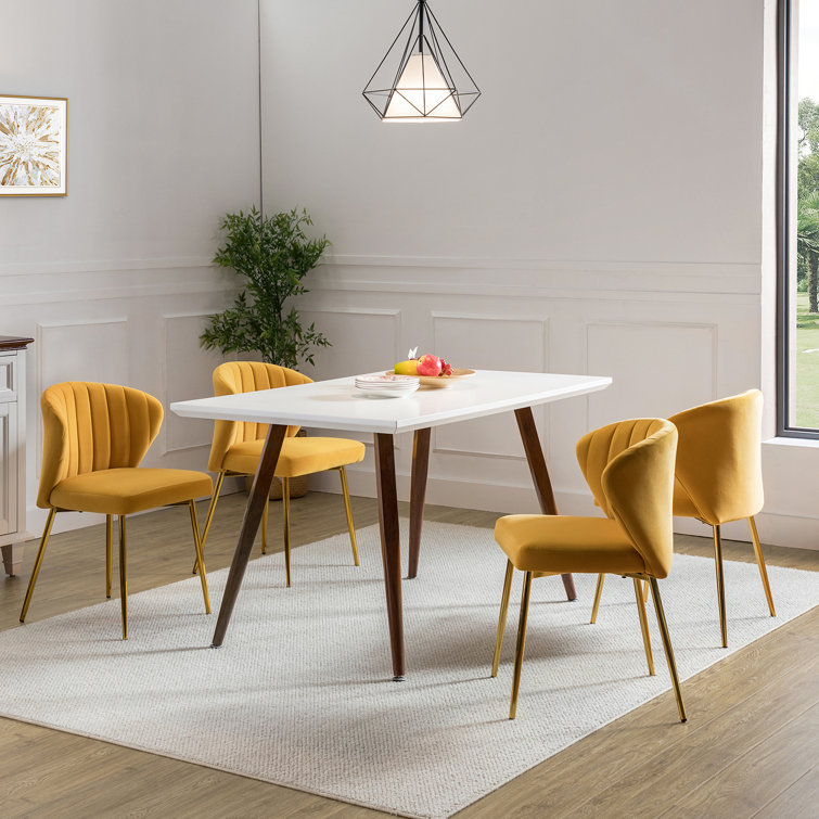 Mustard Velvet Upholstered Wing Back Side Chair Set with Gold Metal Legs