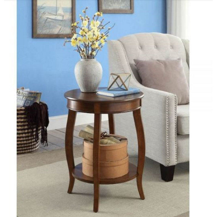 Alberta Walnut Round Wooden End Table with Shelf