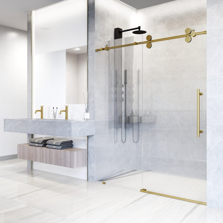 Elan Matte Black Frameless Sliding Shower Door with Fluted Glass