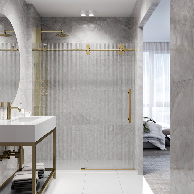 Elan Matte Black Frameless Sliding Shower Door with Fluted Glass