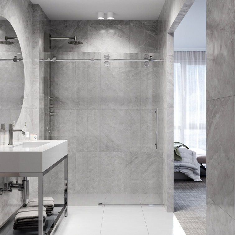 Elan 72" Frameless Sliding Shower Door with Fluted Glass and Black Hardware