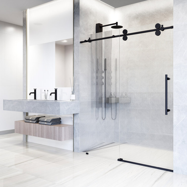 Elan Matte Black Frameless Sliding Shower Door with Fluted Glass