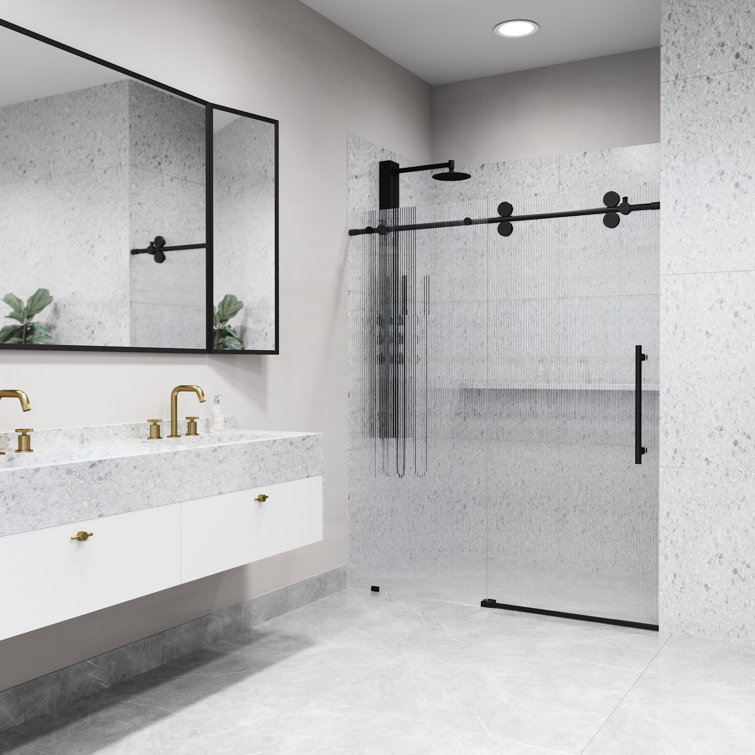Elan Matte Black Frameless Sliding Shower Door with Fluted Glass