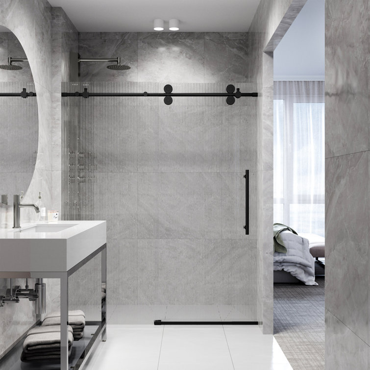 Elan Matte Black Frameless Sliding Shower Door with Fluted Glass