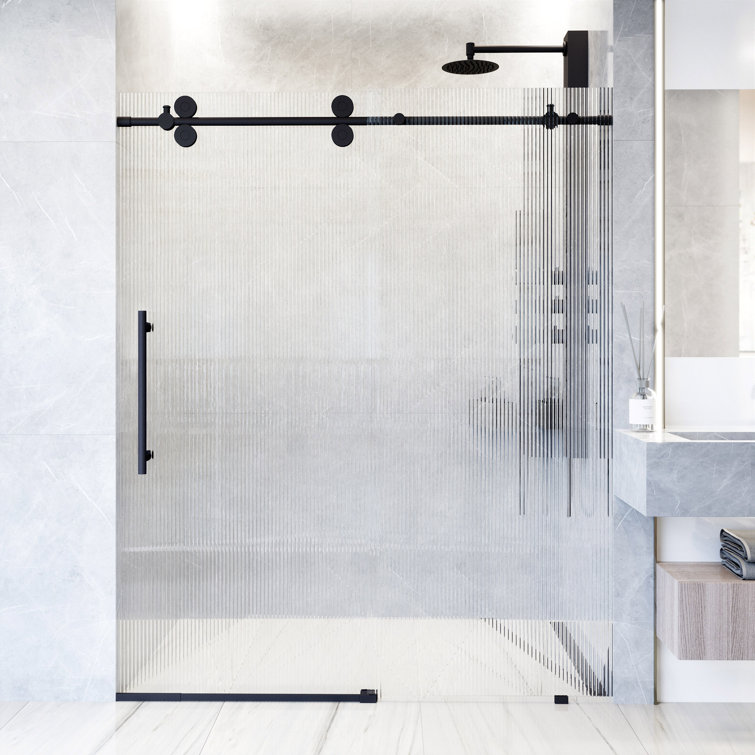 Elan Matte Black Frameless Sliding Shower Door with Fluted Glass