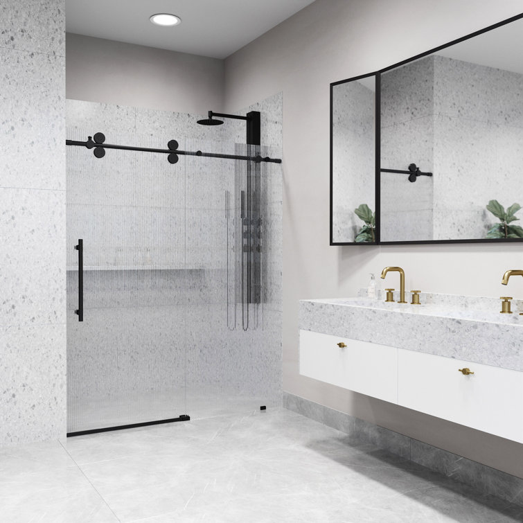 Elan Matte Black Frameless Sliding Shower Door with Fluted Glass