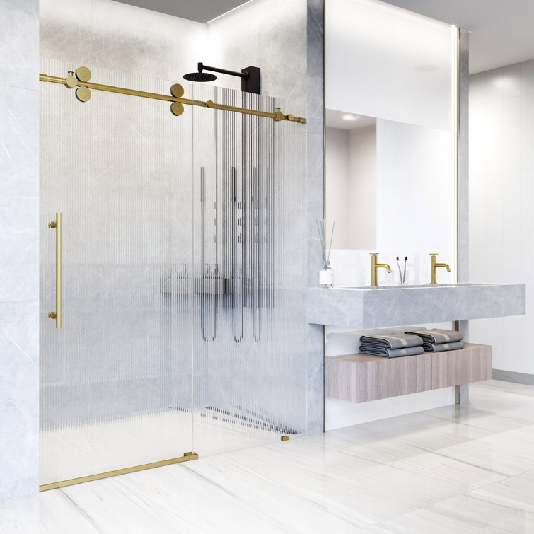 Matte Brushed Gold Frameless Sliding Shower Door with Fluted Glass