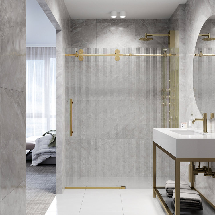 Matte Brushed Gold Frameless Sliding Shower Door with Fluted Glass