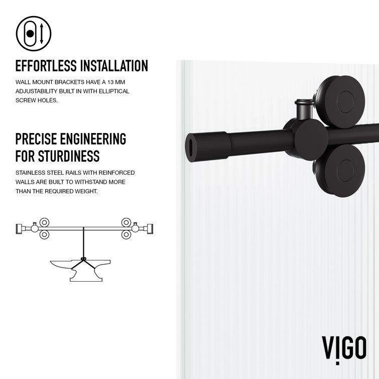 Elan Matte Black Frameless Sliding Shower Door with Fluted Glass