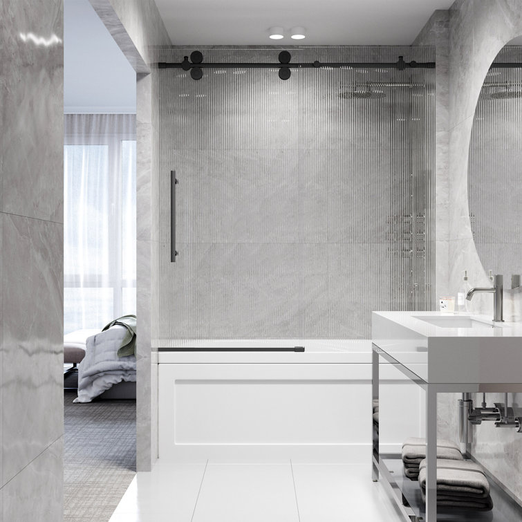 Elan 60" Matte Black Frameless Sliding Tub Door with Fluted Glass