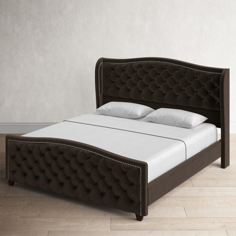 Arctic Blue Velvet Upholstered King Bed with Nailhead Trim