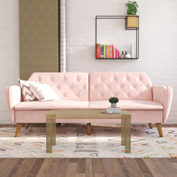Pink Tufted Faux Leather Twin Sleeper Sofa with Memory Foam