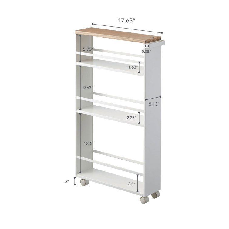 Slimline Tower White Steel Three-Tier Rolling Storage Cart with Wooden Accent