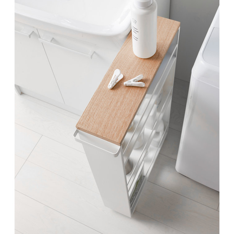 Slimline Tower White Steel Three-Tier Rolling Storage Cart with Wooden Accent