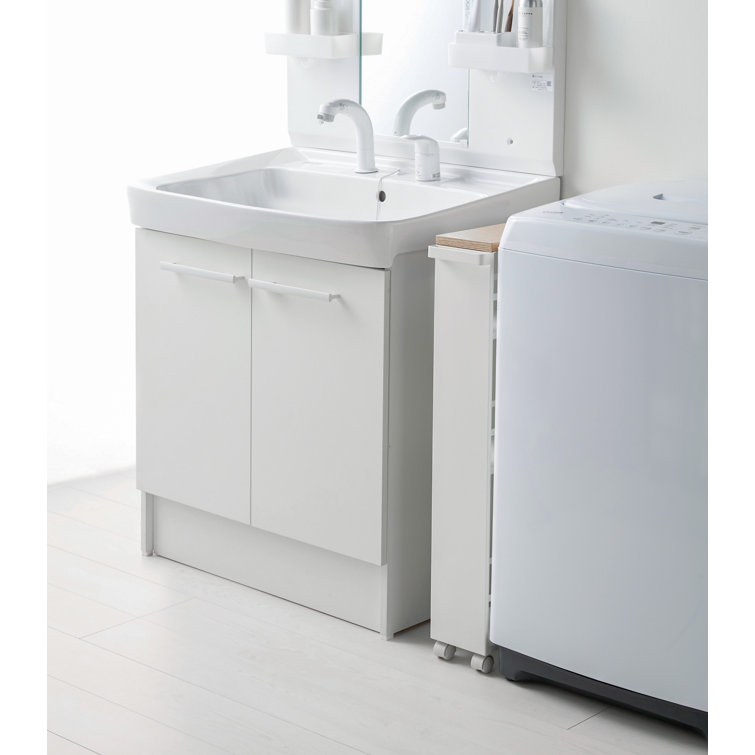 Slimline Tower White Steel Three-Tier Rolling Storage Cart with Wooden Accent
