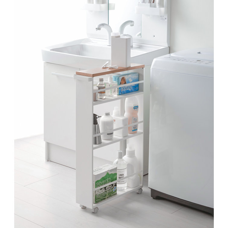 Slimline Tower White Steel Three-Tier Rolling Storage Cart with Wooden Accent