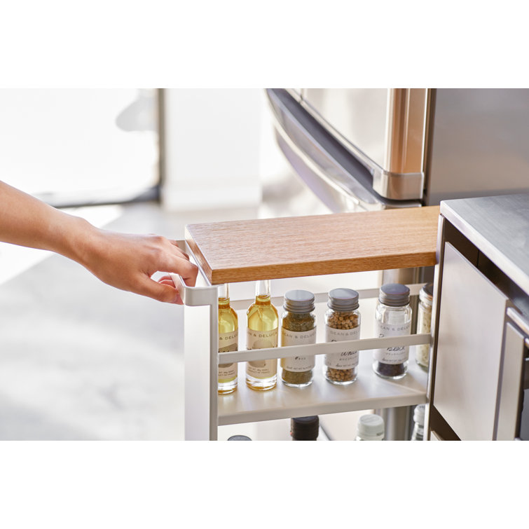 Slimline Tower White Steel Three-Tier Rolling Storage Cart with Wooden Accent
