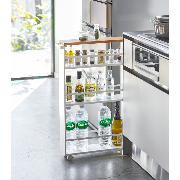 Slimline Tower White Steel Three-Tier Rolling Storage Cart with Wooden Accent