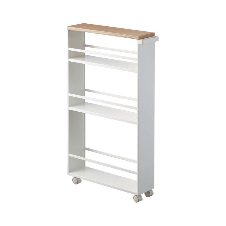 Slimline Tower White Steel Three-Tier Rolling Storage Cart with Wooden Accent