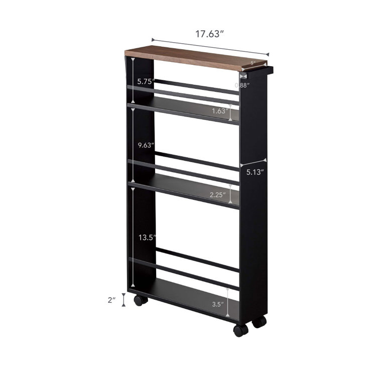 Slim Black Steel Three-Tiered Rolling Storage Cart with Handle