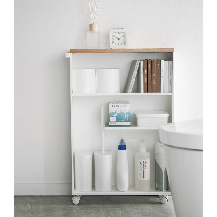 Slim White Wood Adjustable Rolling Bathroom Storage Cart