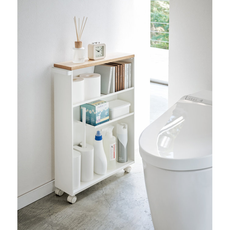 Slim White Wood Adjustable Rolling Bathroom Storage Cart