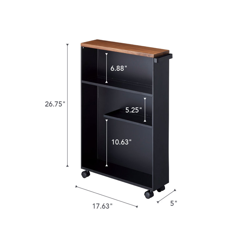 Black Adjustable Slim Rolling Bathroom Cart with Wood Top