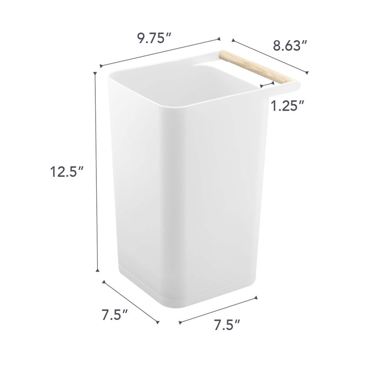 White Slim Plastic Trash Can with Wooden Handle, 2.5 Gallons