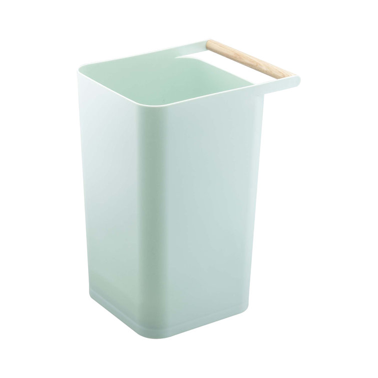 Slim Blue Plastic Trash Can with Wooden Handle, 2.5 Gallons