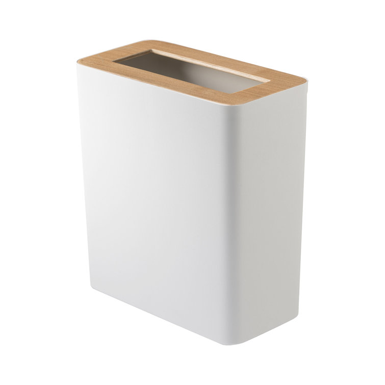 Modern White Steel & Wood Slim Rectangular Wastebasket, 2.5 Gallons