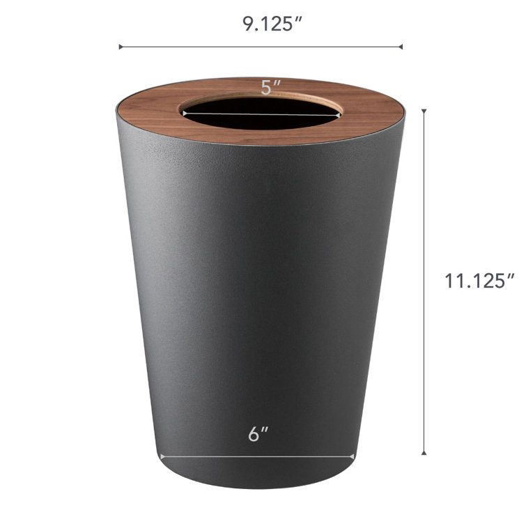 Walnut and Black Round Steel Office Trash Can